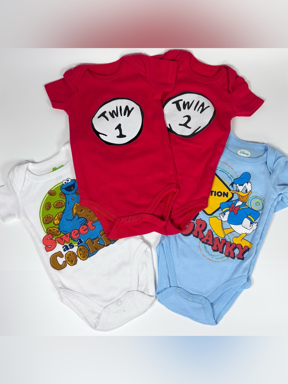3 Sets of Matching Baby Graphic Onesies Twin 1 2 Disney Sesame Street 0–3 Months